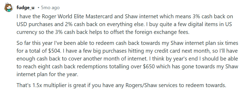 Reddit user with Rogers World Elite Mastercard and Shaw internet comments on cash back.